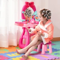 Qaba Pink Kids Vanity Makeup Table Set with Chair, 36-Piece Set Princess Vanity Table and Comfortable Safe Stool, Imaginative Toy, with Mirror Lights, Music, Bright Red, Pink(m-8)