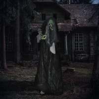 Outsunny 65" Life Size Outdoor Halloween Decorations Green Witch with Skull, Animated Prop Animatronic Décor with  Sound and Motion Activated, Light Up Eyes, Spooky Scream Sound(m-8)
