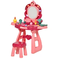 Qaba Kids Vanity Makeup Table Set with Chair, 36-Piece Princess Vanity Table and Comfortable Safe Stool, Imaginative Toy, Beauty Kits, Lights for 3 Years Old Red, Pink(m-12)