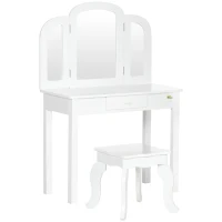 Qaba Kids Vanity Table & Chair Set, Girls Dressing Set, Make Up Desk with Tri-folding Mirrors, Drawer, White(m-2)