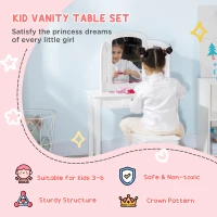 Qaba Kids Vanity Table & Chair Set, Girls Dressing Set, Make Up Desk with Tri-folding Mirrors, Drawer, White(m-4)