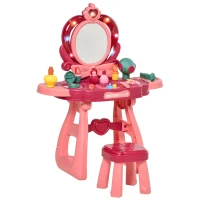 Qaba Kids Vanity Makeup Table Set with Chair, 36-Piece Princess Vanity Table and Comfortable Safe Stool, Imaginative Toy, Beauty Kits, Lights for 3 Years Old Red, Pink(m-11)