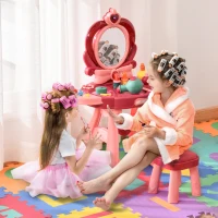Qaba Kids Vanity Makeup Table Set with Chair, 36-Piece Princess Vanity Table and Comfortable Safe Stool, Imaginative Toy, Beauty Kits, Lights for 3 Years Old Red, Pink(m-8)
