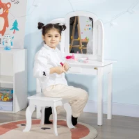 Qaba Kids Vanity Table & Chair Set, Girls Dressing Set, Make Up Desk with Tri-folding Mirrors, Drawer, White(m-1)