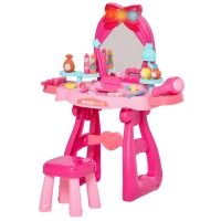 Qaba Pink Kids Vanity Makeup Table Set with Chair, 36-Piece Set Princess Vanity Table and Comfortable Safe Stool, Imaginative Toy, with Mirror Lights, Music, Bright Red, Pink(m-12)