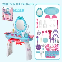 Qaba Kids Makeup Table and Chair, Vanity Set with Mirror Lights, Sounds, Accessories, Beauty Pretend Play, for 3-Year-Olds, Blue and White(m-4)