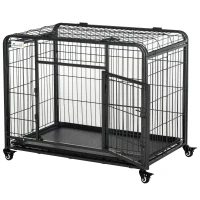 PawHut Folding Design Metal Dog Crate & Heavy Duty Kennel with Removable Tray 4 Locking Wheels 37" x 22.75" x 27.25"(m-1)