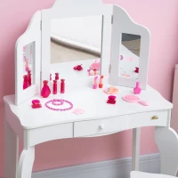 Qaba Kids Vanity Table & Chair Set, Wooden Princess Makeup Dressing Table, Pretend Play Vanity Set for Little Girls with Tri-folding Mirrors, Drawer, White(m-8)