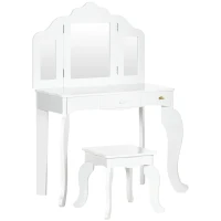 Qaba Kids Vanity Table & Chair Set, Wooden Princess Makeup Dressing Table, Pretend Play Vanity Set for Little Girls with Tri-folding Mirrors, Drawer, White(m-2)