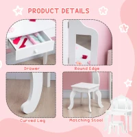 Qaba Kids Vanity Table & Chair Set, Wooden Princess Makeup Dressing Table, Pretend Play Vanity Set for Little Girls with Tri-folding Mirrors, Drawer, White(m-6)