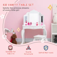 Qaba Kids Vanity Table & Chair Set, Wooden Princess Makeup Dressing Table, Pretend Play Vanity Set for Little Girls with Tri-folding Mirrors, Drawer, White(m-4)