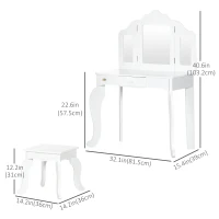 Qaba Kids Vanity Table & Chair Set, Wooden Princess Makeup Dressing Table, Pretend Play Vanity Set for Little Girls with Tri-folding Mirrors, Drawer, White(m-3)
