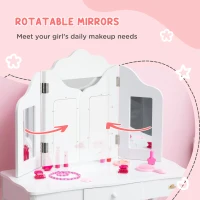 Qaba Kids Vanity Table & Chair Set, Wooden Princess Makeup Dressing Table, Pretend Play Vanity Set for Little Girls with Tri-folding Mirrors, Drawer, White(m-5)