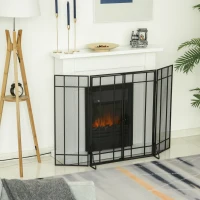 HOMCOM 3-Panel 49.25" W x 31.5" H Metal Mesh Screen Fireplace with Foldable Steel Spark Guard and Magnetic Doors, Black(m-10)