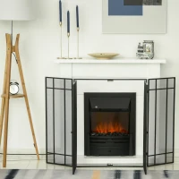 HOMCOM 3-Panel 49.25" W x 31.5" H Metal Mesh Screen Fireplace with Foldable Steel Spark Guard and Magnetic Doors, Black(m-11)
