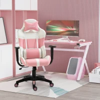 Vinsetto Office Chair Racing Gaming Chair Faux Leather Adjustable Height Recliner with Wheels, Headrest, Lumbar Support for Girls Gift, Pink and White(m-1)