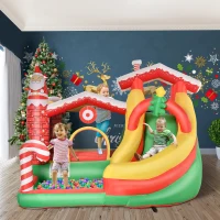 Outsunny Christmas 4-in-1 Kids Inflatable Bounce House Jumping Castle Trampoline, Pool, Slide, Climbing Wall with Christmas Tree Pattern Storage Bag & Air Blower(m-9)