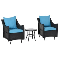Outsunny 3Pcs Rattan Glider Chairs Set Patio Conversation Furniture w/ Tempered Glass Table and Cushion, Blue(m-2)