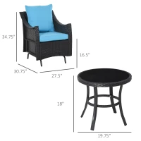 Outsunny 3Pcs Rattan Glider Chairs Set Patio Conversation Furniture w/ Tempered Glass Table and Cushion, Blue(m-3)