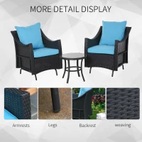 Outsunny 3Pcs Rattan Glider Chairs Set Patio Conversation Furniture w/ Tempered Glass Table and Cushion, Blue(m-6)