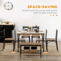 HOMCOM Industrial Dining Table Set for 6 People, 6 Piece Kitchen Table and Chairs Set, Dinner Table with Bench, Steel Frame and Storage Shelf, Dinette Set, Rustic Brown(m-5)