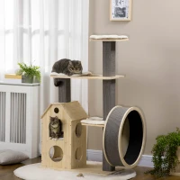 PawHut 53" Modern Cat Tree with Scratching Posts & Wheel, Small Cat Tree with Double-Layer Cushioned House, Small Cat Tower for Indoor Cat Furniture, Climbing Wooden Cat Tree(m-2)