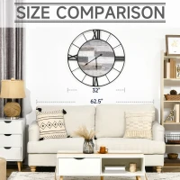 HOMCOM 32 Inch Large Wall Clock, Silent Non Ticking Metal Farmhouse Roman Numeral Clocks for Living Room Decor, Battery Operated, Black and Wood Grain(m-5)