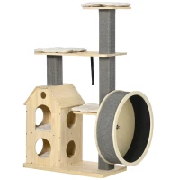 PawHut 53" Modern Cat Tree with Scratching Posts & Wheel, Small Cat Tree with Double-Layer Cushioned House, Small Cat Tower for Indoor Cat Furniture, Climbing Wooden Cat Tree(m-1)