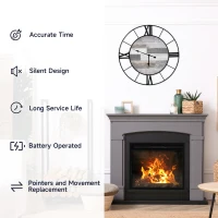 HOMCOM 32 Inch Large Wall Clock, Silent Non Ticking Metal Farmhouse Roman Numeral Clocks for Living Room Decor, Battery Operated, Black and Wood Grain(m-6)