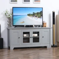 HOMCOM Modern TV Cabinet for TVs up to 60", TV Stand with Glass Door Cabinets and Adjustable Shelf, Media Console with Cupboards Cable Holes, Grey(m-1)