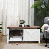 PawHut Cat Litter Box Enclosure with Sliding Door, Cat Washroom Storage Bench with Cat Hole, Indoor Cat House End Table with Sturdy Wooden Structure, White(m-1)