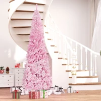 HOMCOM 9 FT Snow Flocked Artificial Christmas Tree, Pencil Xmas Tree with Realistic Branches, Auto Open and Steel Base, Pink(m-1)