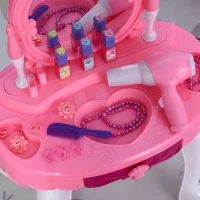 Qaba Children Dressing Table Set Girls Pretend Princess Vanity Table Chair with Music Lightening Cosmetic Mirror Hair Dryer Nail Polish Necklace Bracelet Pink(m-9)
