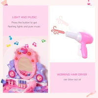 Qaba Kids Vanity Table & Stool Pretend Playset Dressing Table Set with Mirror Light Sound Working Hair Dryer Makeup Accessories for Toddlers Girls Age 3 Years Old(m-6)