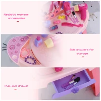Qaba Kids Vanity Table and Stool Beauty Pretend Play Set with Mirror Lights Sounds & Pretend Beauty Makeup Accessories for Girls 3+ Years Old Pink(m-9)