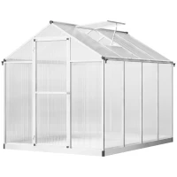 Outsunny 6' x 8' x 6.4' Polycarbonate Greenhouse, Aluminum Walk-In Green House Kit Garden, Plants Grow with Rain Gutter and Roof Vent, Silver(m-2)