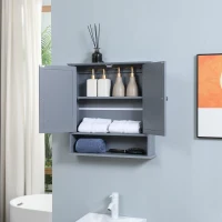 kleankin Medicine Cabinet, Wall-Mounted Bathroom Mirror Cabinet with Double Doors, Open Shelf, and Adjustable Shelf, Modern Bathroom Wall Cabinet, Grey(m-7)