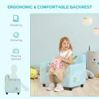 Qaba Kids Sofa, Armrest Chair for Preschool, Toddler Couch for Kids Room, Kindergarten with Cute Animal Print, Super-soft Velvet, Eucalyptus Wood, Light Blue(m-6)