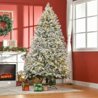 HOMCOM 7FT Tall Prelit Flocked Artificial Christmas Tree Holiday Décor with Realistic Branches, Warm White LED Lights, Auto Open, Green(m-2)