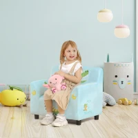 Qaba Kids Sofa, Armrest Chair for Preschool, Toddler Couch for Kids Room, Kindergarten with Cute Animal Print, Super-soft Velvet, Eucalyptus Wood, Light Blue(m-1)
