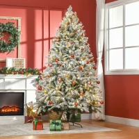 HOMCOM 7FT Tall Prelit Flocked Artificial Christmas Tree Holiday Décor with Realistic Branches, Warm White LED Lights, Auto Open, Green(m-8)
