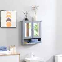 kleankin Medicine Cabinet, Wall-Mounted Bathroom Mirror Cabinet with Double Doors, Open Shelf, and Adjustable Shelf, Modern Bathroom Wall Cabinet, Grey(m-1)