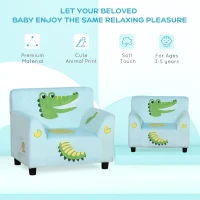 Qaba Kids Sofa, Armrest Chair for Preschool, Toddler Couch for Kids Room, Kindergarten with Cute Animal Print, Super-soft Velvet, Eucalyptus Wood, Light Blue(m-5)