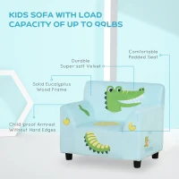 Qaba Kids Sofa, Armrest Chair for Preschool, Toddler Couch for Kids Room, Kindergarten with Cute Animal Print, Super-soft Velvet, Eucalyptus Wood, Light Blue(m-4)