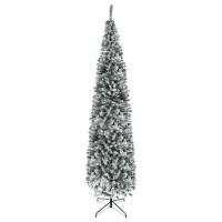 HOMOM 9ft Flocked Christmas Tree, Pencil Artificial Xmas Tree with Faux Snow, Dense Branches, Foldable Metal Base for Indoor Holiday Decor(m-1)