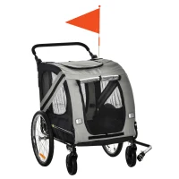 Aosom Dog Bike Trailer, 2-in-1 Dog Wagon Pet Stroller for Travel with Universal Wheel Reflectors Flag, for Small and Medium Dogs, Grey(m-2)