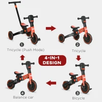 Aosom 4-in-1 Toddler Tricycle, Kids Trike with Adjustable Push Handle, Detachable Foot Rest for 18-48 Months, Red(m-4)