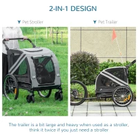 Aosom Dog Bike Trailer, 2-in-1 Dog Wagon Pet Stroller for Travel with Universal Wheel Reflectors Flag, for Small and Medium Dogs, Grey(m-6)