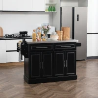 HOMCOM Rolling Kitchen Island Cart with Wheels, Portable Island Table for Kitchen with Stainless Steel Top, Adjustable Shelves, 2 Drawers, Spice, Knife and Towel Rack, Black(m-2)