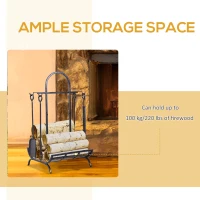 Outsunny Indoor Outdoor Firewood Rack with 4 Tools, elevated base Steel Power Coated Construction Fire Wood Storage Stacking Set, Black(m-6)